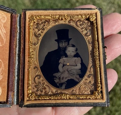 Antique Tintype Photo Bearded Top Hat Father & Daughter w/ Gold Coin Necklace - Image 1 of 4