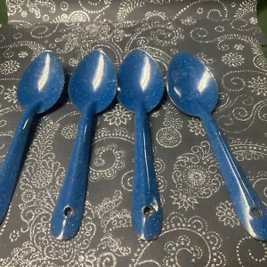 Cucchiai smaltati vintage Cinsa 7" blu maculato SET DI 4 - Foto 1 di 3