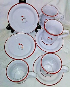 Boxed Sets Of 4 Holiday Dessert Plates & Mugs/Cups-Snowman & Snow Lady-Red Hats - Picture 1 of 11