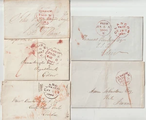 1840/9 5 x GLASGOW PAID POSTAL HISTORY 4 WRAPPERS & 1 LETTER DIFFERENT VARIETIES - Picture 1 of 3