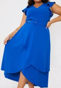 IN THE STYLE Blue Plunge Flutter Sleeve Belted Midi Dress DRS690-C Size US 18 - Picture 1 of 8