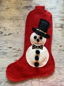 Vintage Christmas Snowman Stocking Embellished Red Felt Holiday Excellent - Picture 1 of 8