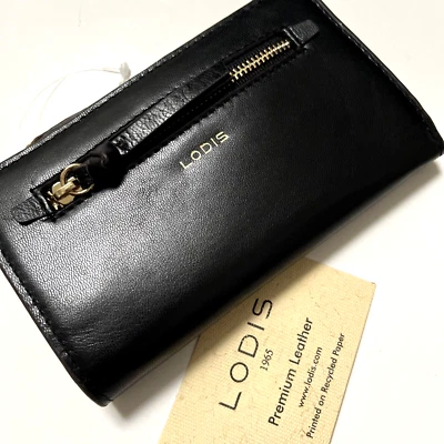 NUEVO CON ETIQUETAS LODIS Billetera Plegable Cuero Negro Liso 6''x 3.5'' Cremallera Estuche para Tarjetas Foto 1 de 4