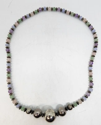 Silver Beaded Graduated Necklace Blue Lace Agate Rose Quartz Amethyst Aventurine - Image 1 of 4