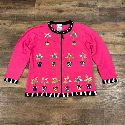 Quacker Factory Pink Cardigan Sweater 3D Embroidered Art to Wear Potted Plants - Image 1 of 4