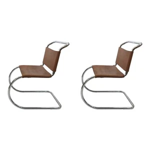 2 x Mies van der Rohe MR10 Dining Chairs 1960s Midcentury Chrome Leather Vintage - Picture 1 of 15
