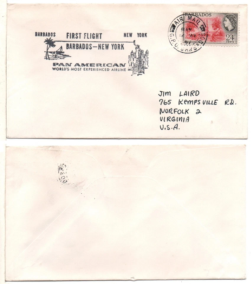 FIRST FLIGHT PAN AMERICAN AIRLINES Barbados to New York (1957) Airmail Cover - Image 1 of 1