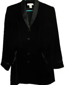 VINTAGE DIANE VON FURSTENBERG LONG BLACK VELVET BLAZER WITH SILK LAPELS & TRIM,M - Picture 1 of 4