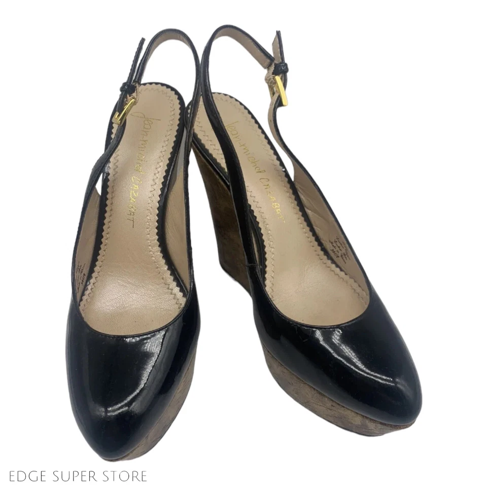 Tacones de cuña Jean-Michel Cazabat Talisa charol negro dorado 38,5 EE. UU. 8,5 Foto 1 de 4