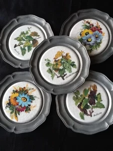 5 x Wandteller Untersetzer Porzellan Blumen mit edlem Zinkrand Punze  Ø 10 cm - Bild 1 von 6