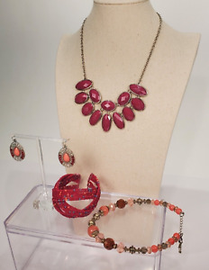 VTG Necklaces Bracelet Earrings Fushia Coral Pink Silver Tone Beads