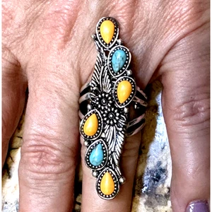 ANELLO DITO marca fortunata tono argento pietre finte turchese pesca - misura 6 - Foto 1 di 6