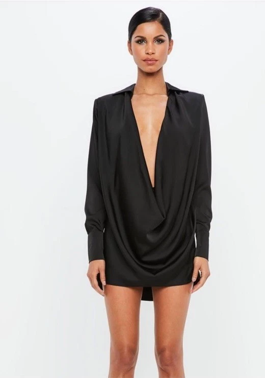 Missguided Peace & Love Satin Cowl Deep V-neck Black Mini Satin Dress US 8 NWOT - Image 1 of 4