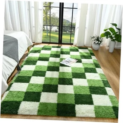 Shag Area Rug, 4x6 ft Deep Green White Fluffy Rugs for Bedroom Living Room,  - Image 1 of 4