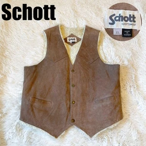 Vintage 80s 90s SCHOTT Suede Boa Leather Vest XL Beige Shearling Biker Rare - Picture 1 of 9