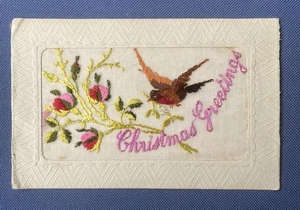 WW1 Embroidered Silk Postcard: CHRISTMAS GREETINGS - Picture 1 of 3