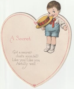c1930s BOY WITH A SECRET Vintage Valentine Card Die Cut Unused - Picture 1 of 2