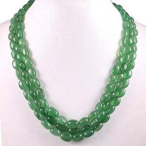Collana perle ovali lisce quarzo avventurina naturale AAA 3 fili 18 pollici - Foto 1 di 6