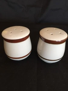 Ceramic Salt & Pepper Shakers Made In Japan Beige w/ Brown & Gold Stripes, 2.5” - Picture 1 of 4