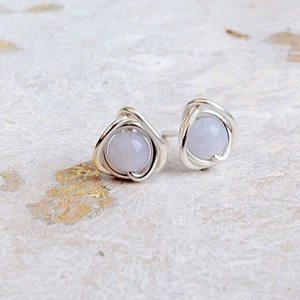 Blue Lace Agate 925 Sterling Silver Stud Earrings Handmade 4mm, Gift Wrapped - Picture 1 of 6