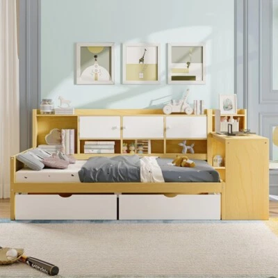 Wooden L-Shape Daybed with 7 Cabinets and 2 Drawers, Desk & Bookshelf, Natural - Image 1 of 4