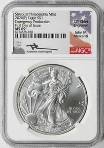2020-(P) $1 American Silver Eagle NGC MS69 FDOI Philadelphia Mercanti Signature - Picture 1 of 4