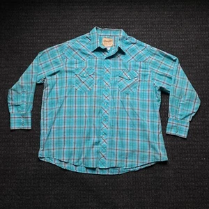 Vintage Mens Wrangler Pearl Snap Plaid Button Up Shirt Long Sleeve Teal Blue 2XL - Picture 1 of 7