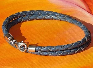 Ladies 4mm Dark Blue braided leather & sterling silver bracelet by Lyme Bay Art - Picture 1 of 3