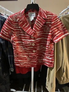 Rickie Freeman Terri Jon Size 4 100% Linen Red Flowers Blazer Short Sleeve - Picture 1 of 7