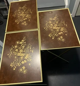 Vintage Faux Wood TV Trays (3) with Unique Gold Floral Design SEE PHOTOS - Picture 1 of 4