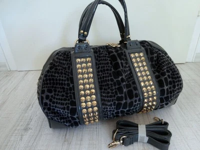 Modische Handtasche Schultertasche Grau Schwarz Nieten Lackleder Nietentasche - Bild 1 von 4