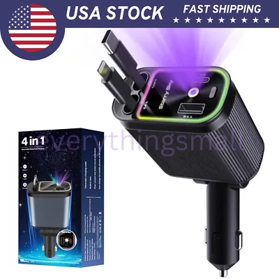 4 in 1 Retractable Car Charger with Purple Starlight USB C for iPhone &Android - Image 1 of 4