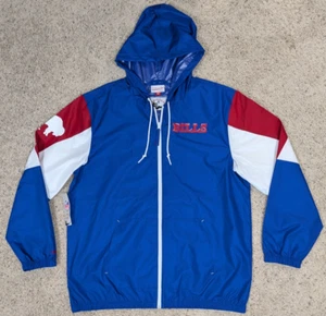Buffalo Bills Jacket Mens 2XL Blue New Mitchell Ness Hooded Windbreaker Retro - Picture 1 of 12