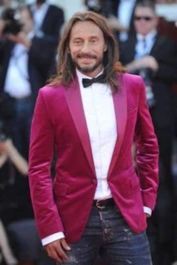 Mens Pink Velvet Tuxedo Jacket Wedding Christmas Party Wear Dinner Blazer Coat - Picture 1 of 3