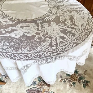 Round Linen and Figural Filet Lace Tablecloth 88" Chariot Horses Women Men Dog - Picture 1 of 10