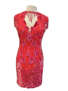 Vintage Gunit 80s Red Beaded Fringe Cocktail Dress With Open Back & High Necklin - Foto 1 di 12