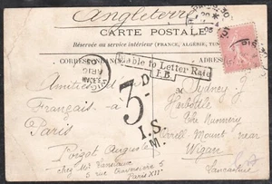 France Post Card to The Nunnery, Orrell- POSTAGE DUE - 1905 PARIS & WIGAN CDS's - Picture 1 of 2