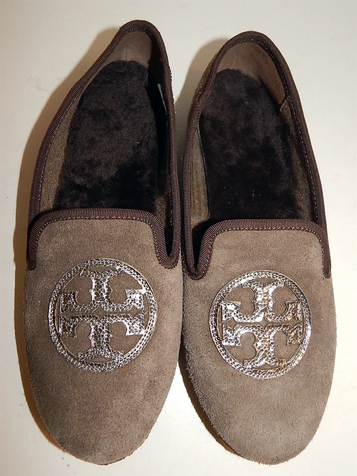 Tory Burch Billy Brown Flannel Shearling Logo Slippers 7 M - Image 1 of 4