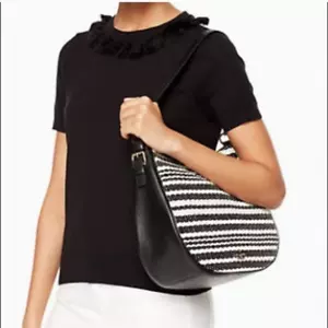 New Kate Spade New York Cobble Hill Mylie Straw Shoulder Black White Bag Purse - Picture 1 of 9