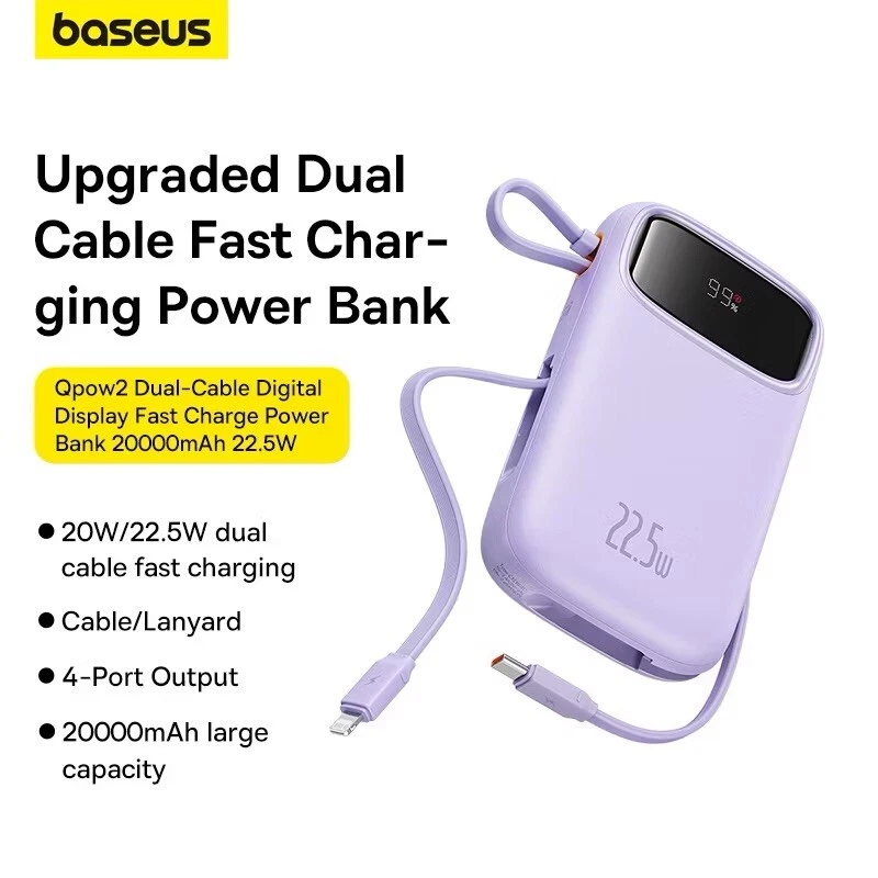 Baseus power bank PD Fast charging Built In Dual-Cable Digital (20000 mAh/23.5W) - Image 1 of 4