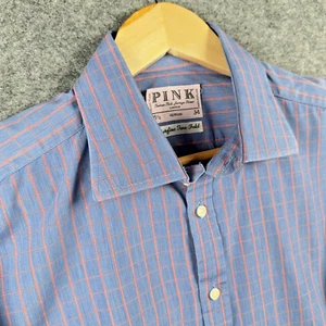 Thomas Pink Shirt Mens 16.5" Collar Blue Check Double Cuff Superfine Two Fold - Imagen 1 de 11