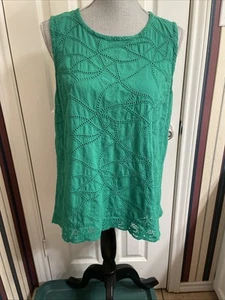 Cabi Gemma Green 100% Cotton Hi-Low Eyelet Sleeveless Blouse Shirt Medium 5036 - Picture 1 of 9