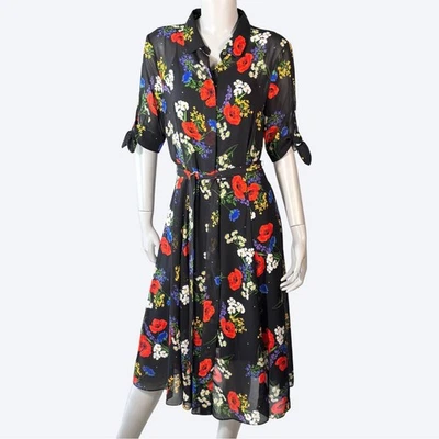 Calvin Klein Black Floral Print Midi Chiffon Shirt Dress Womens 8 Etherial - Image 1 of 4