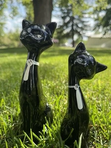 Vtg Ceramic Black Cat Pussycat Figurines Statues Decorative - Pair - Picture 1 of 15