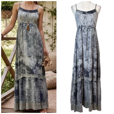 Vestido Babydoll S Twelve Maxi M Boho Fada Camponesa Casa de Crochê Camadas Smocked - Imagem 1 de 4