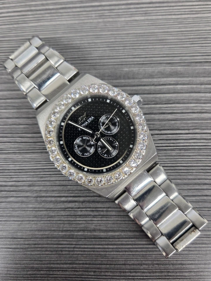 Reloj de cuarzo GLD Alpha Era para hombre moda pavimentado día fecha tono plateado 42 mm 7 1/2" Foto 1 de 3