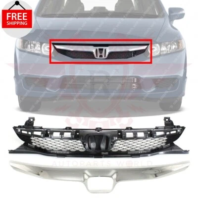 New Front Upper Grille Assembly + Chrome Molding Fits 2009 2010 2011 Honda Civic Foto 1 de 4