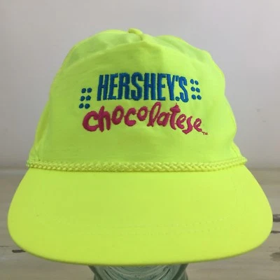 HERSHEYS CHOCOLATESE - Vtg 1990s Neon Yellow Nylon SnapBack Chocolate Hat Cap - Image 1 of 4