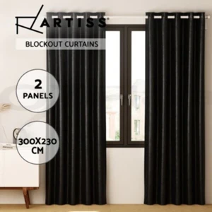 Artiss 2X Blockout Curtains Eyelet 300x230cm Black Shine - Picture 1 of 10