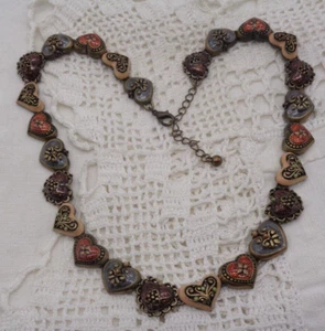 Vintage Inspired Brass Tone & Enamel Hearts Necklace - Picture 1 of 6